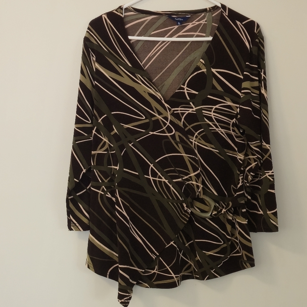 Reitmans XL Faux Wrap Top Abstract Swirl Olive Brown Cream Buckle Academic Artly